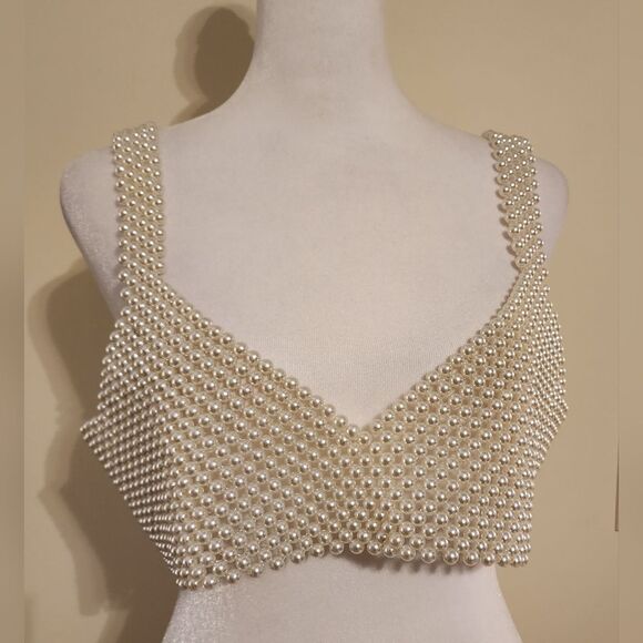 Festival Faux Pearl Crop Top Bralette Beaded Tank Cami Top - Picture 3 of 13